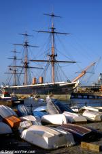 ID 2033 HMS WARRIOR (1860) Britain's first iron-hulled, armoured battleship which forms part of the collection of historic British naval ships at the Portsmouth Historic Dockyard, England.